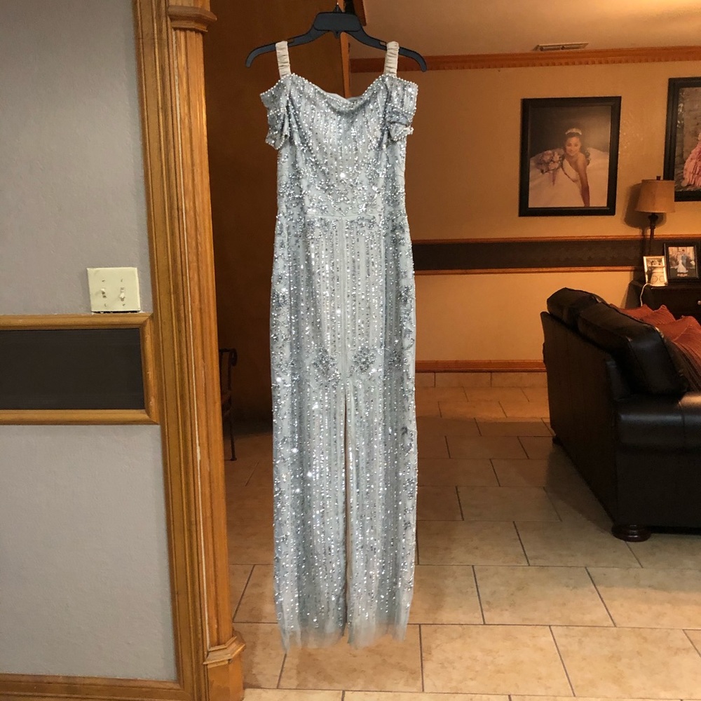 Adrianna Papell Off-The-Shoulder Grey Beaded Gown